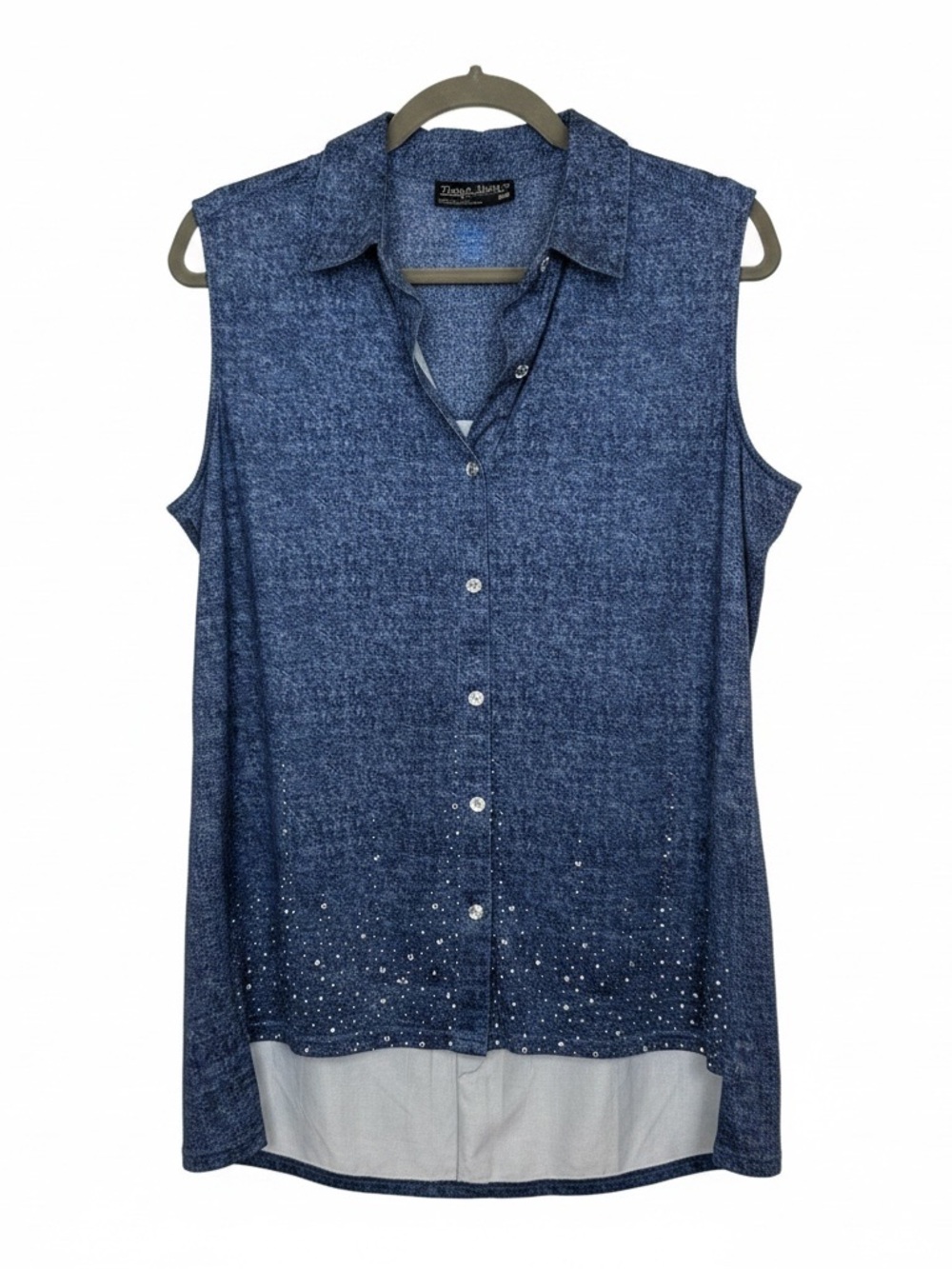 Tango Mango XL Hi-lo Hem Blue Sleeveless Button-Down Tunic Gem Accents | EUC